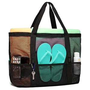 Mesh Beach Bag, F-color Oversize Beach Tote 9 Pockets Beach Toy Bag, Black