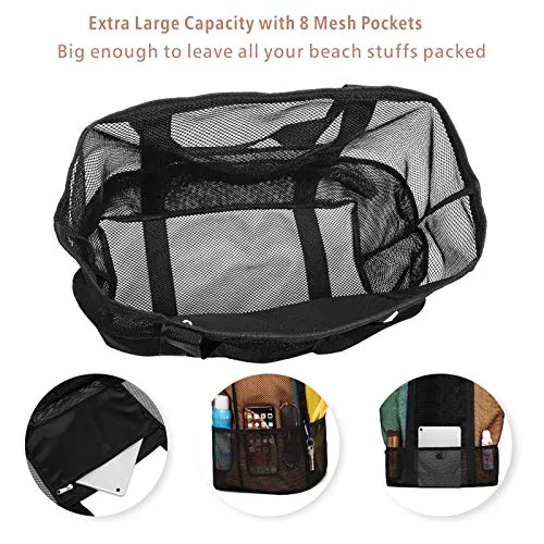Mesh Beach Bag, F-color Oversize Beach Tote 9 Pockets Beach Toy Bag, Black