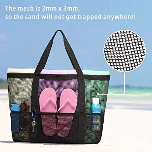 Mesh Beach Bag, F-color Oversize Beach Tote 9 Pockets Beach Toy Bag, Black