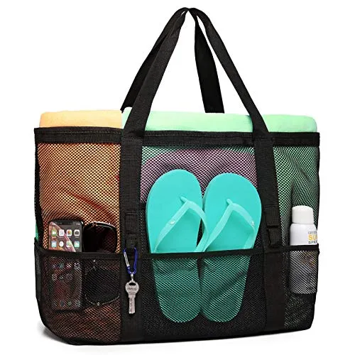 Mesh Beach Bag, F-color Oversize Beach Tote 9 Pockets Beach Toy Bag, Black