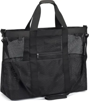 Mesh Beach Bag, Large Beach Tote with Zipper Pocket for Family Pool Bag for Toys & Vacation Essentials