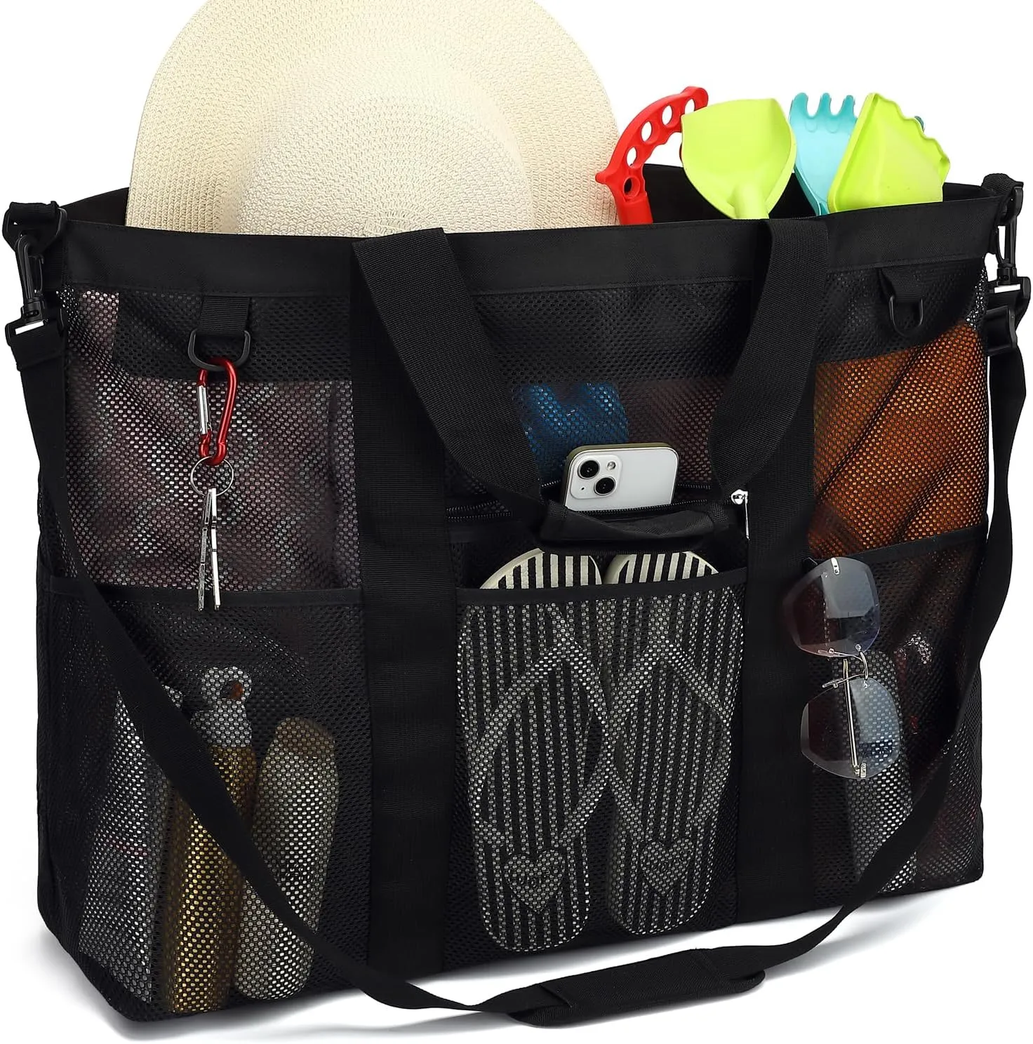 Mesh Beach Bag, Large Beach Tote with Zipper Pocket for Family Pool Bag for Toys & Vacation Essentials