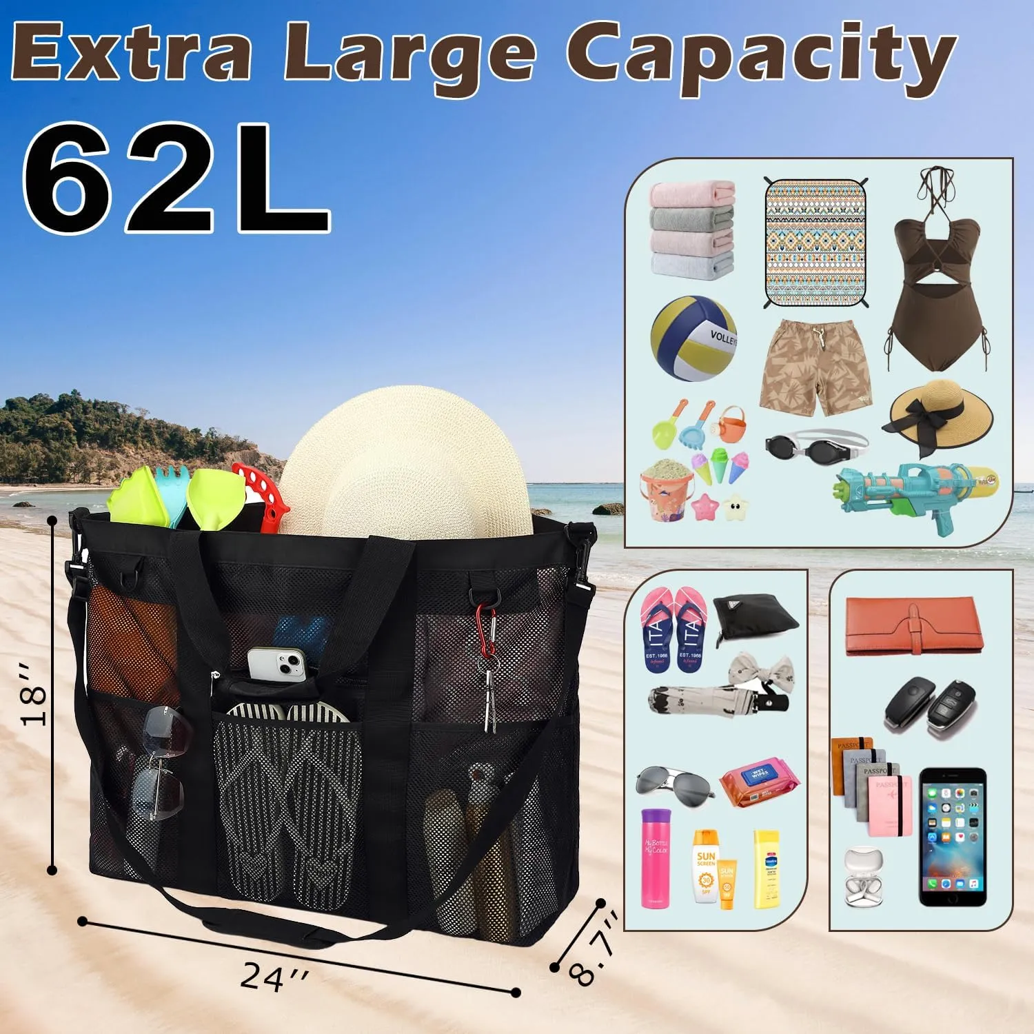 Mesh Beach Bag, Large Beach Tote with Zipper Pocket for Family Pool Bag for Toys & Vacation Essentials