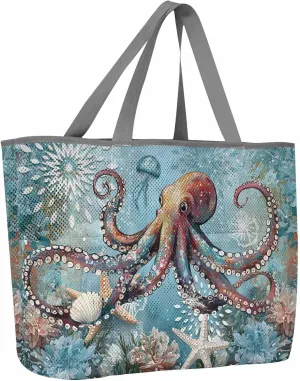 Mesh Beach Bag Oversized Tote Bags for Women Ocean Octopus Starfish Shell Jellyfish Large Travel Pool Bags with 8 Pockets