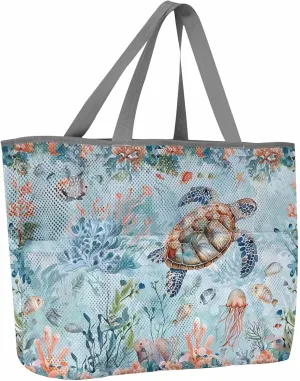 Mesh Beach Bag Oversized Tote Bags for Women Sea Turtle Jellyfish Watercolor Large Travel Pool Bags with 8 Pockets