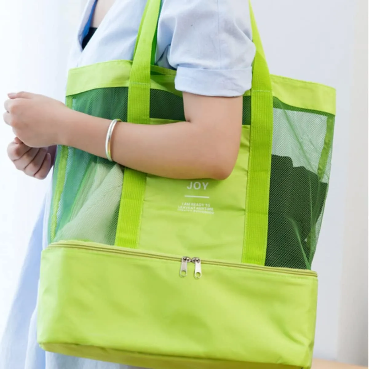 Mesh Beach Bag Tote, Extra Reusable Shopping Beach Handbag Family Picnic Cooler Outdoor Grocery Organizer (Green)
