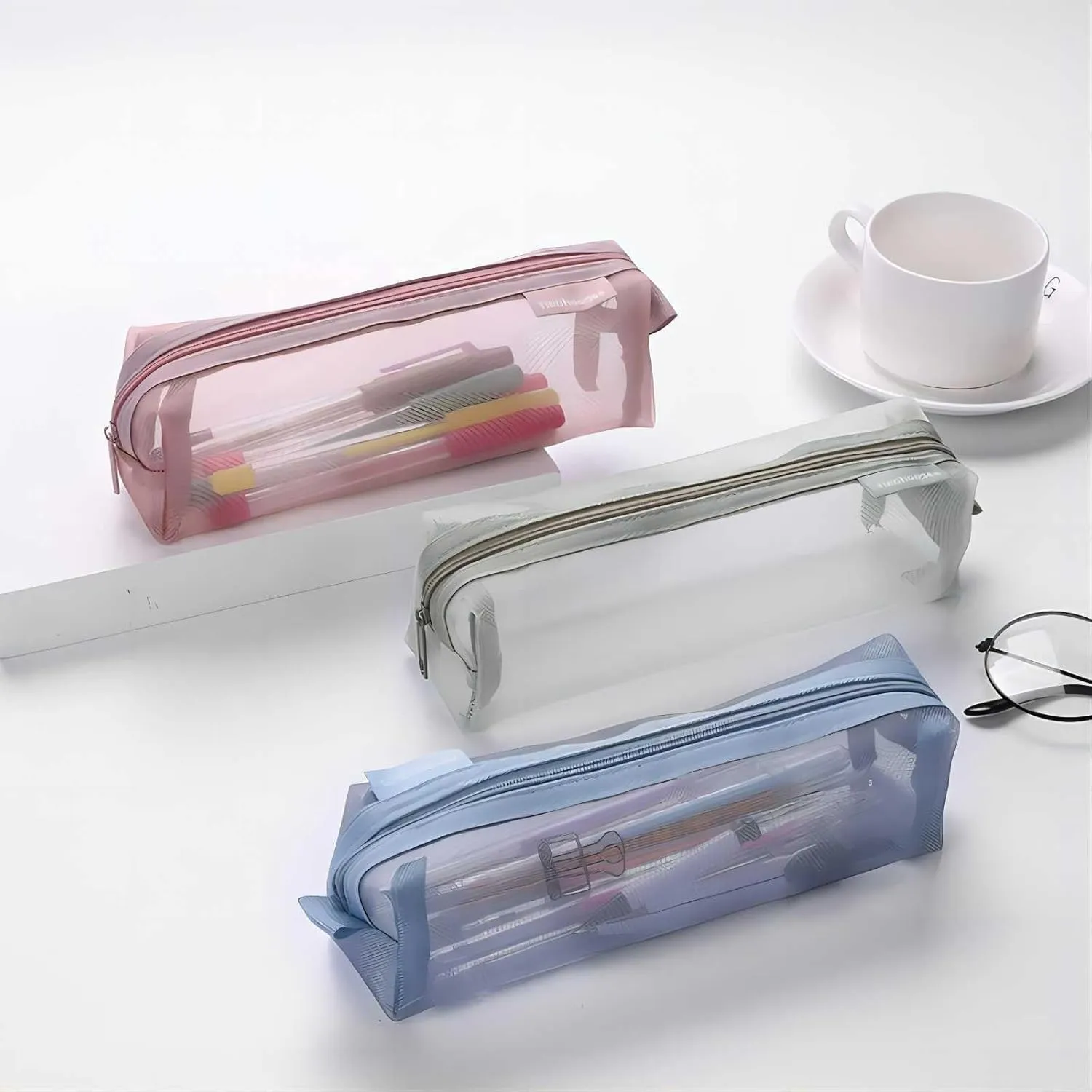 Mesh Cosmetic Bag Portable Clear Makeup Bags Mesh Zipper Pouch for Home Office Travel Accessories Organizer 3PCS(Pink/Green/Blue
