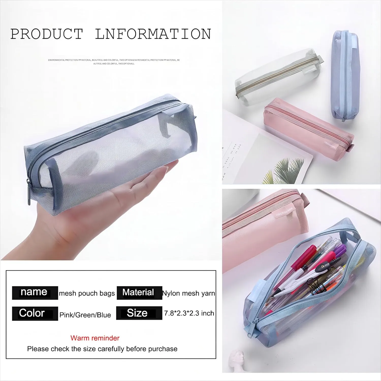 Mesh Cosmetic Bag Portable Clear Makeup Bags Mesh Zipper Pouch for Home Office Travel Accessories Organizer 3PCS(Pink/Green/Blue