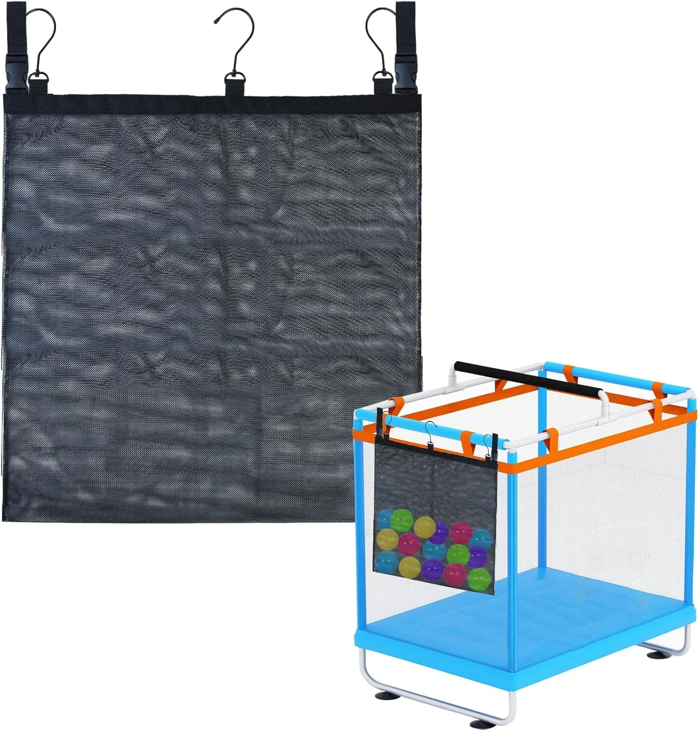 Mesh Side Pouch for Pool Storage Bin, Large 23.6*23.6" Mesh Bag Net Storage Bag Hanging Bags Expandable Organizer Bag with Hooks for Above Ground Pool Accessories, Beach Toys, Outdoor Supplies