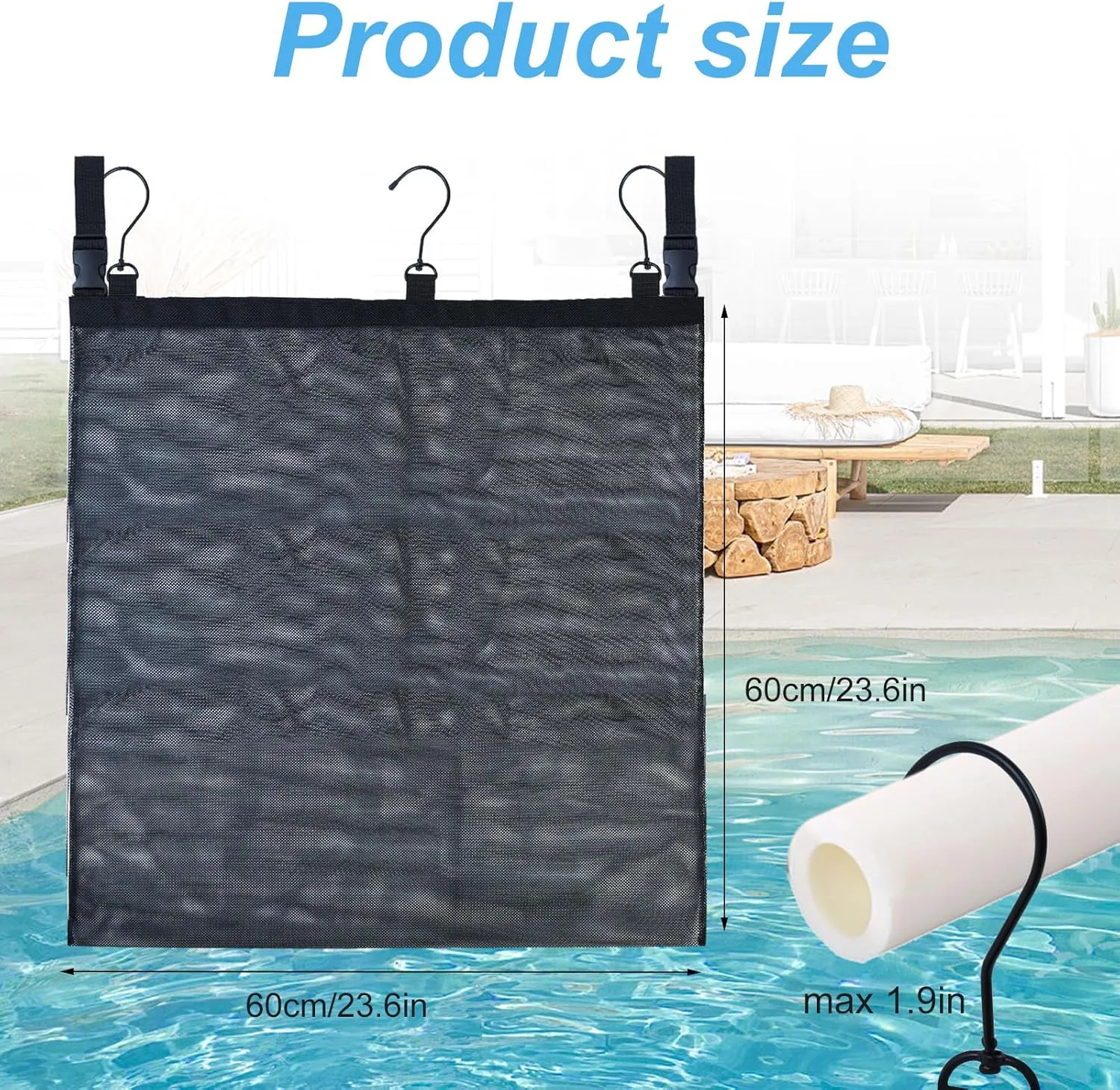 Mesh Side Pouch for Pool Storage Bin, Large 23.6*23.6" Mesh Bag Net Storage Bag Hanging Bags Expandable Organizer Bag with Hooks for Above Ground Pool Accessories, Beach Toys, Outdoor Supplies