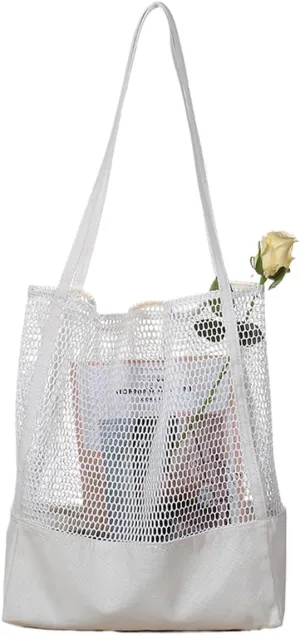 Mesh Tote Shopping Bag Large Capacity Mesh Bag Hollow Beach Bag Canvas Grocery Shoulder Bag