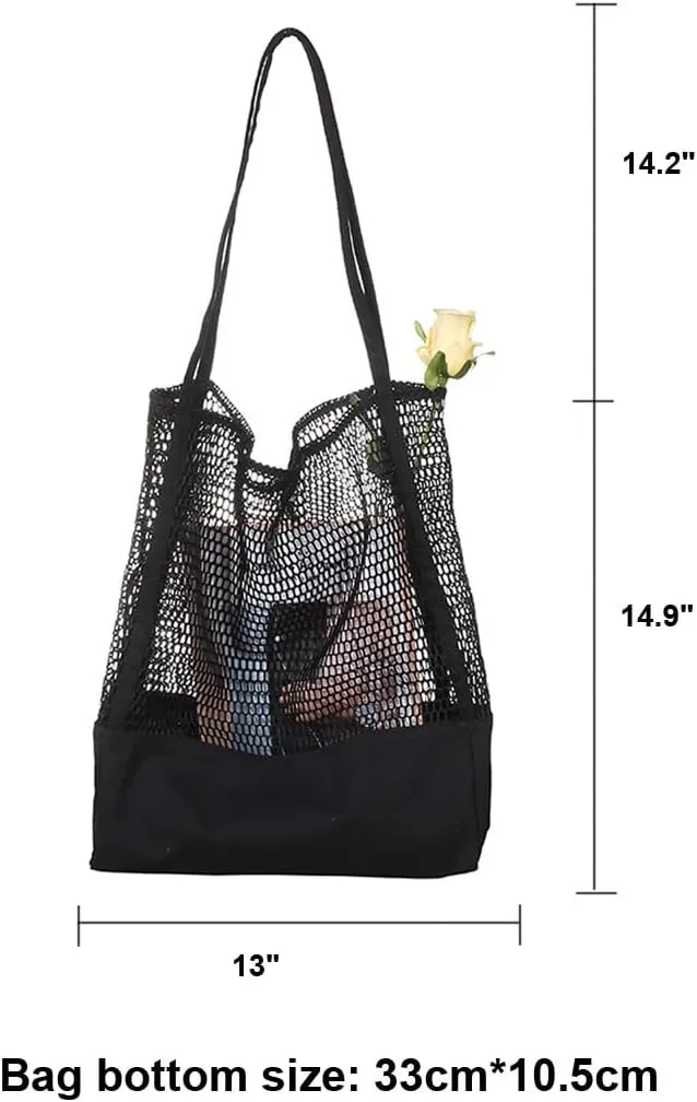 Mesh Tote Shopping Bag Large Capacity Mesh Bag Hollow Beach Bag Canvas Grocery Shoulder Bag