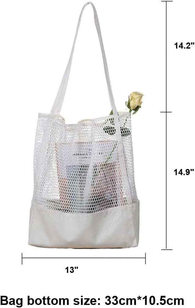 Mesh Tote Shopping Bag Large Capacity Mesh Bag Hollow Beach Bag Canvas Grocery Shoulder Bag