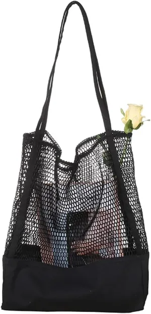 Mesh Tote Shopping Bag Large Capacity Mesh Bag Hollow Beach Bag Canvas Grocery Shoulder Bag