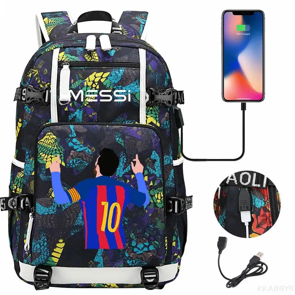 Messi School Bags Business travel bag Backpack Camouflage USB Laptop Waterproof Multifunctional