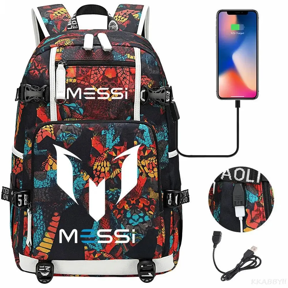 Messi School Bags Business travel bag Backpack Camouflage USB Laptop Waterproof Multifunctional