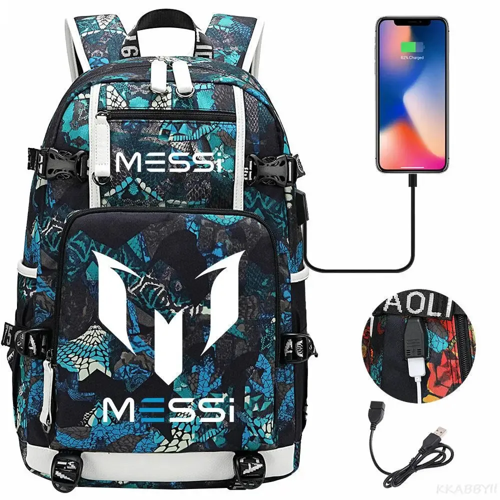 Messi School Bags Business travel bag Backpack Camouflage USB Laptop Waterproof Multifunctional