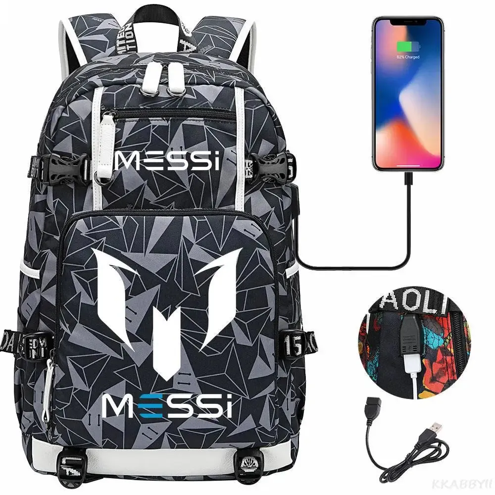 Messi School Bags Business travel bag Backpack Camouflage USB Laptop Waterproof Multifunctional