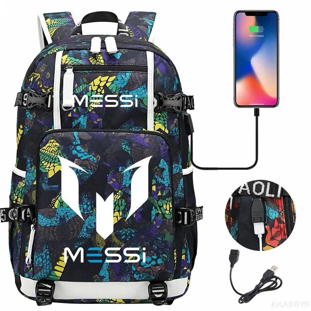 Messi School Bags Business travel bag Backpack Camouflage USB Laptop Waterproof Multifunctional