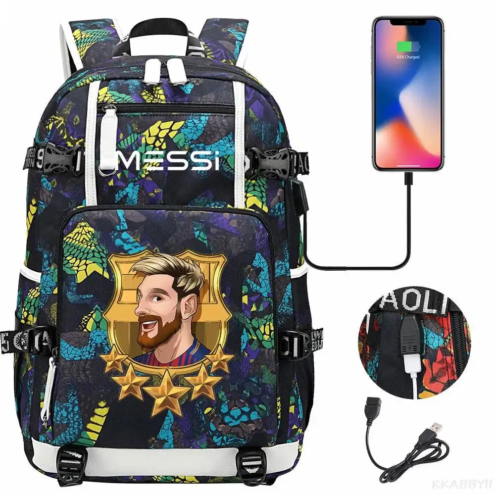 Messi School Bags Business travel bag Backpack Camouflage USB Laptop Waterproof Multifunctional