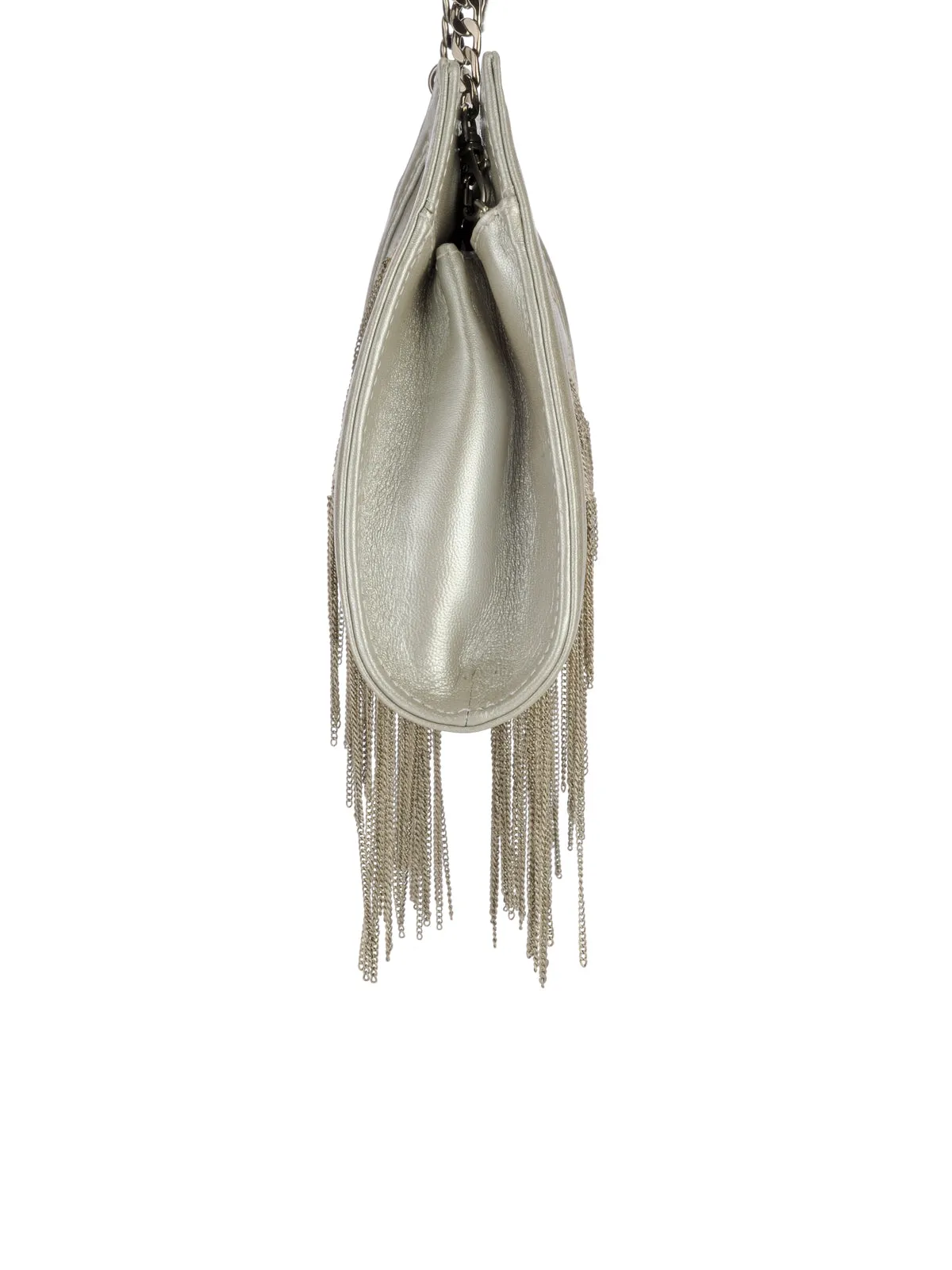 Metal Sequined Leather Clutch With Chain Fringes