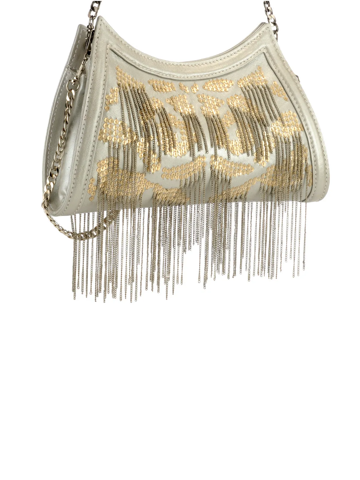 Metal Sequined Leather Clutch With Chain Fringes