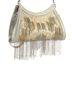 Metal Sequined Leather Clutch With Chain Fringes