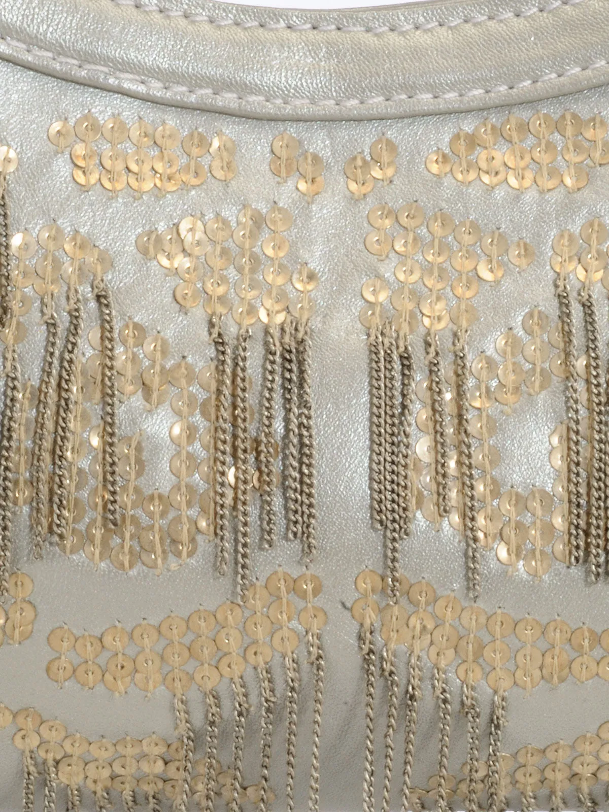 Metal Sequined Leather Clutch With Chain Fringes
