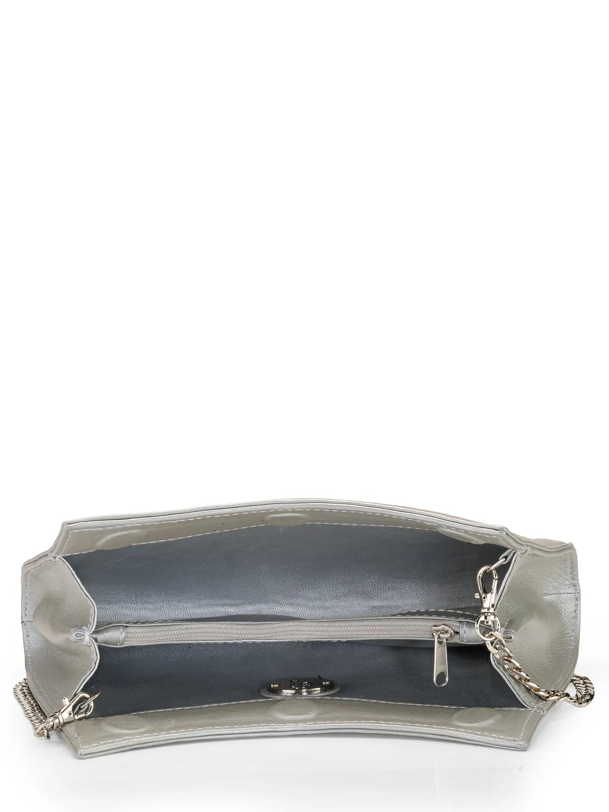 Metal Sequined Leather Clutch With Chain Fringes