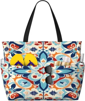 Mexican Ethnic Ceramic Tile Beach Bag Large Waterproof Sandproof Tote Bag Women Zipper Travel Beach Bags Swim Pool Gym Shopping Grocery Handbag