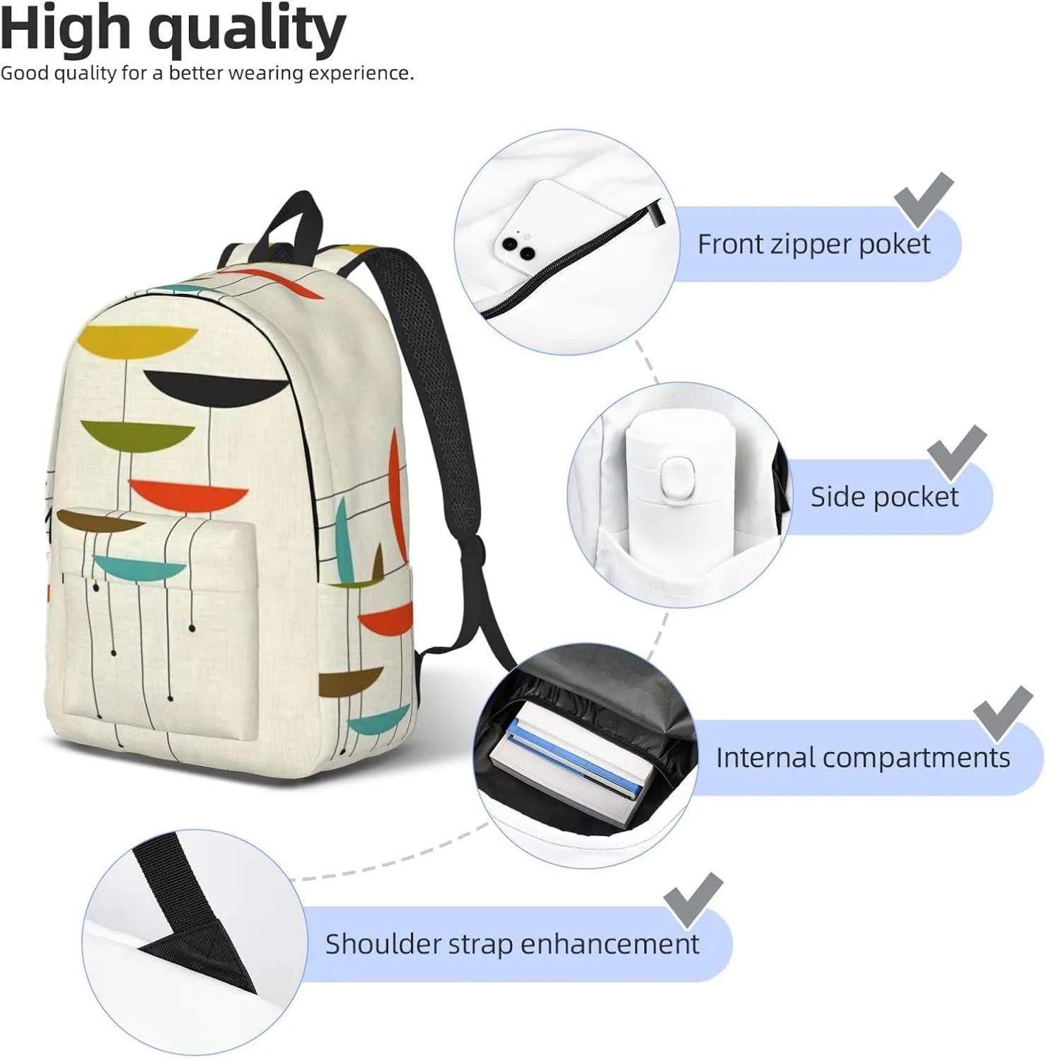 Mid Century Modern Prints Print Canvas Backpack Women,Mens Travel Casual Daypack Bookbag For Laptop Work Travel Hiking