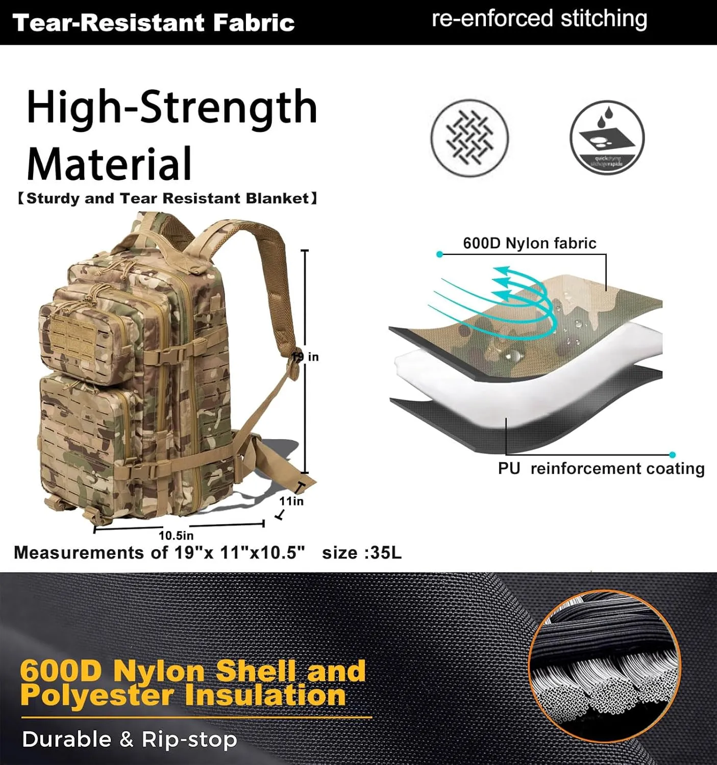 Military Tactical Backpack for Men 35L Small Molle System Water Resistant 3 Day Survival Assault Pack for Bug Out Bag Rucksack Travel Hiking Camping Gym Range Trekking Hunting Sport Work (Camo)