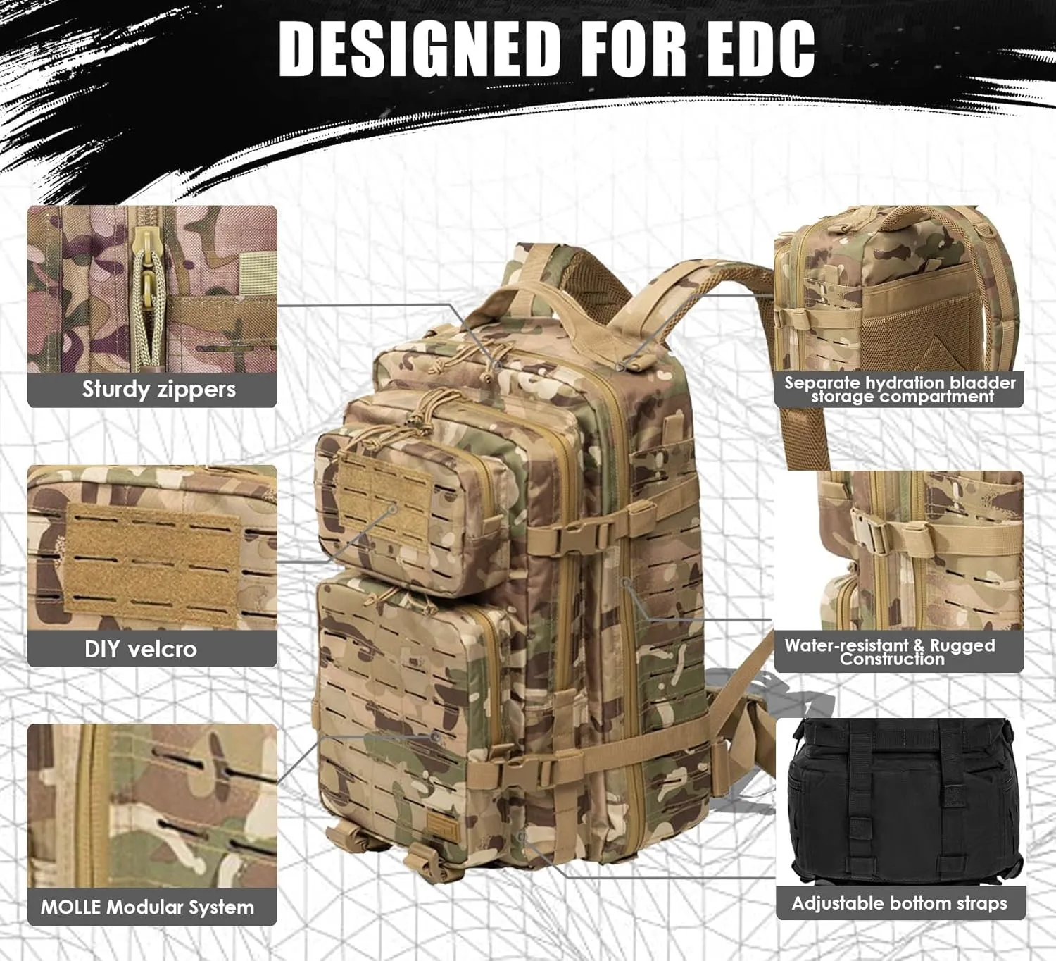 Military Tactical Backpack for Men 35L Small Molle System Water Resistant 3 Day Survival Assault Pack for Bug Out Bag Rucksack Travel Hiking Camping Gym Range Trekking Hunting Sport Work (Camo)