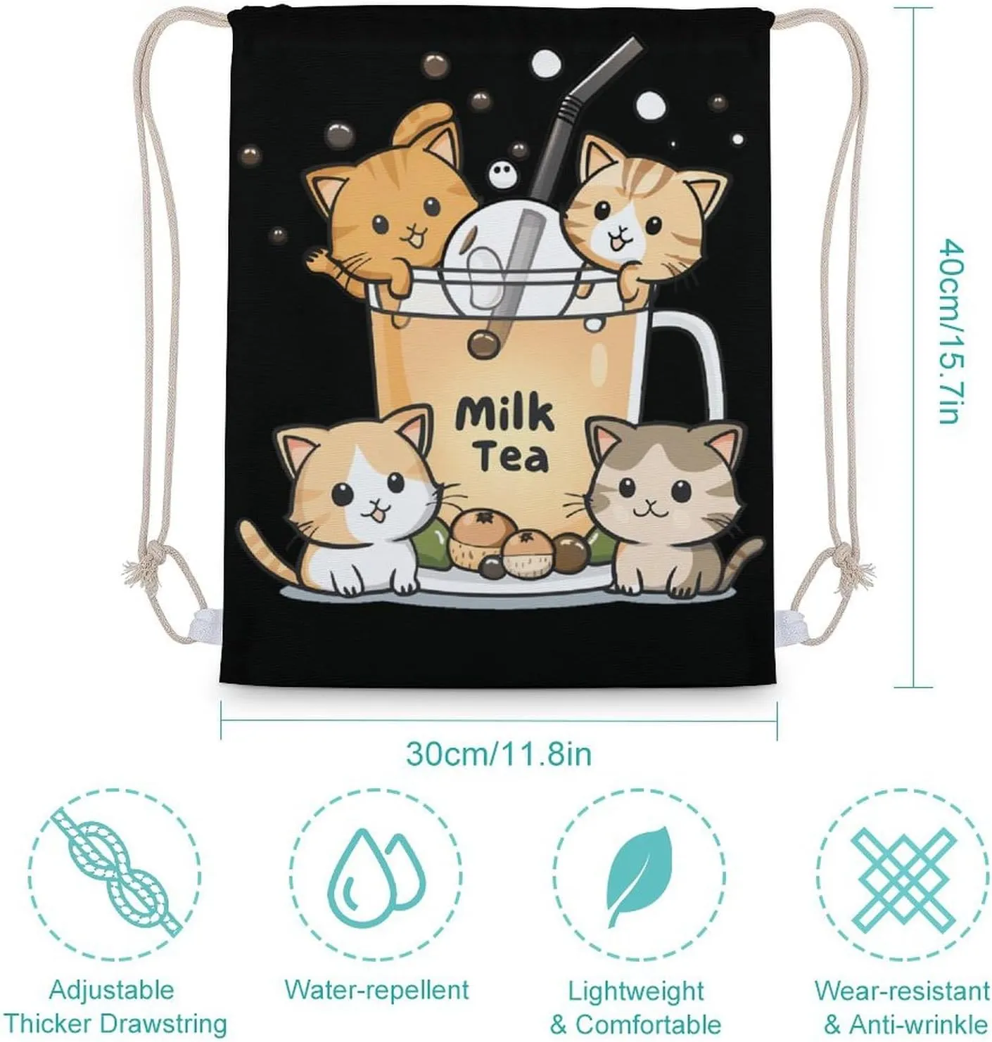 Milk Tea Pearls Cat Love Drawstring Backpack Canvas Double Shoulder Bag Sports Gym Sackpack String Bag for Women Men 30x40cm