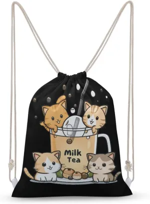 Milk Tea Pearls Cat Love Drawstring Backpack Canvas Double Shoulder Bag Sports Gym Sackpack String Bag for Women Men 30x40cm