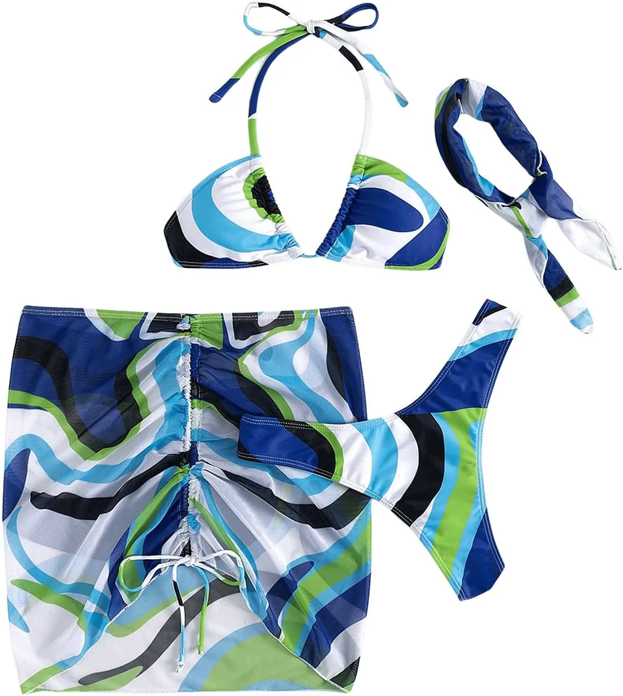 Milumia Women's 4 Piece Swimsuits Triangle Bikini Sets Bathing Suit with Mesh Cover Up Beach Skirt & Bandana