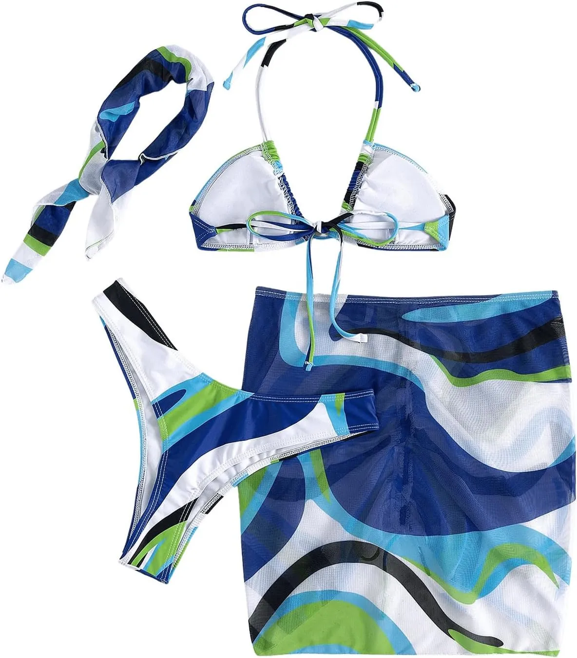 Milumia Women's 4 Piece Swimsuits Triangle Bikini Sets Bathing Suit with Mesh Cover Up Beach Skirt & Bandana