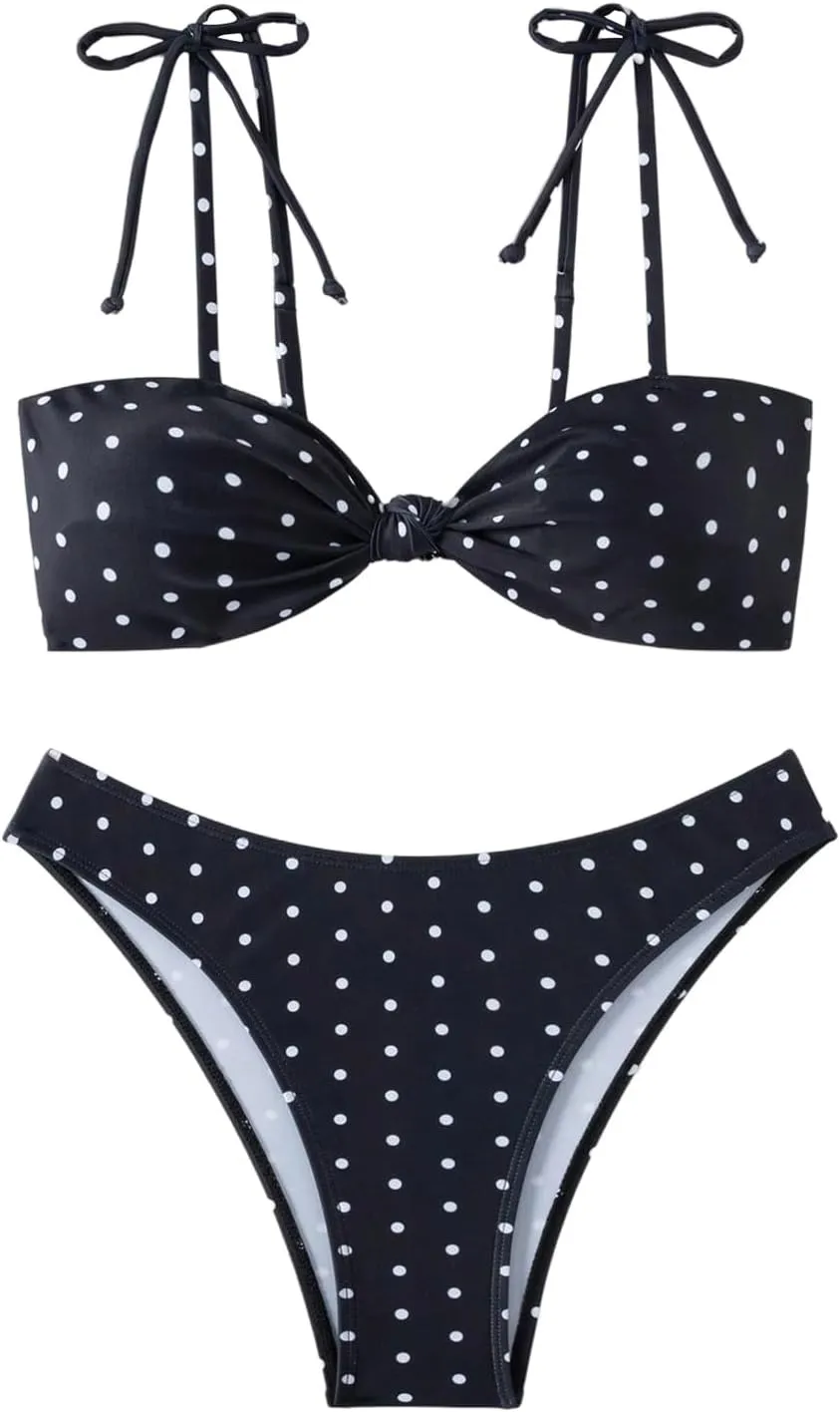 Milumia Women's Polka Dots Bikini Sets 2 Piece High Cut Tie Shoulder Swimsuit Beachwear