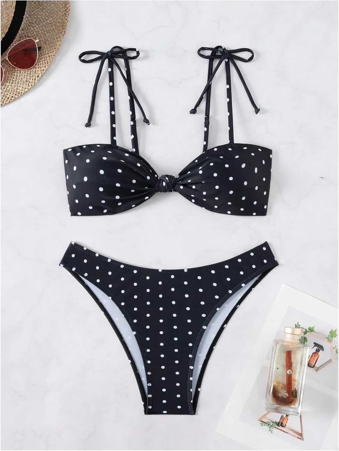 Milumia Women's Polka Dots Bikini Sets 2 Piece High Cut Tie Shoulder Swimsuit Beachwear