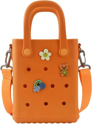 Mini Rubber Beach Bag with Strap & Charms, Waterproof EVA Bitty Beach Bag for Girls, Small Rubber Tote Bag for Women