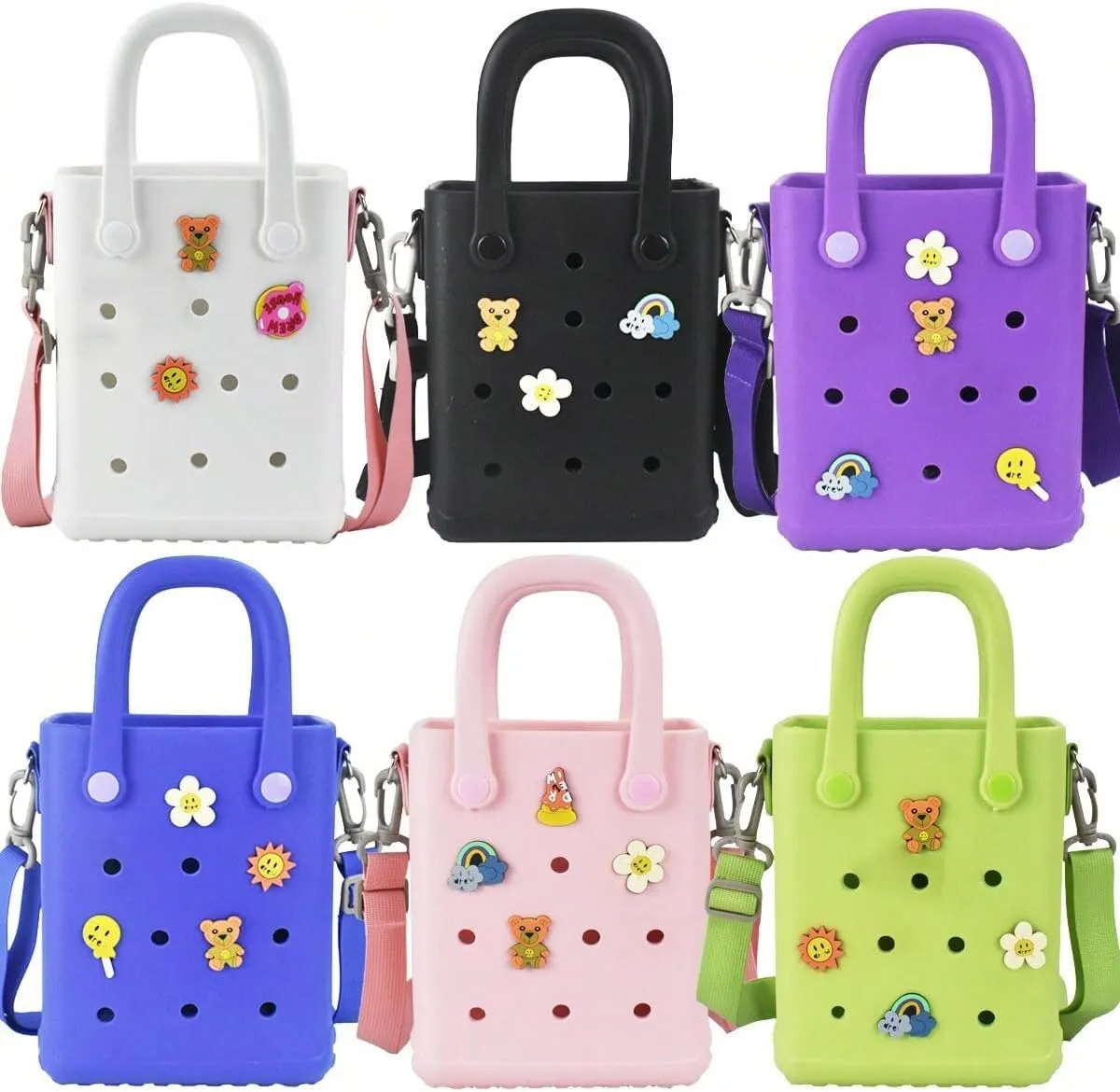 Mini Rubber Beach Bag with Strap & Charms, Waterproof EVA Bitty Beach Bag for Girls, Small Rubber Tote Bag for Women