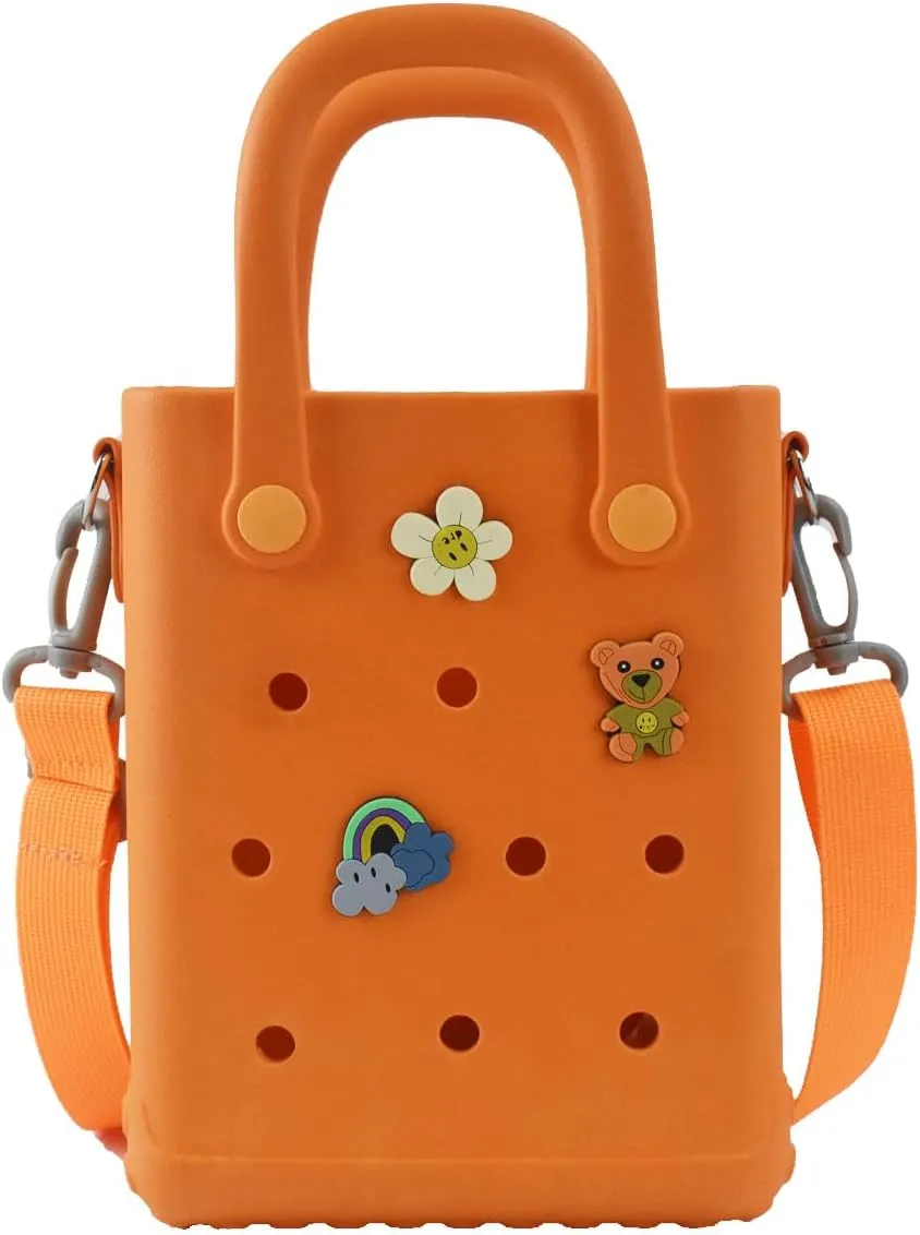 Mini Rubber Beach Bag with Strap & Charms, Waterproof EVA Bitty Beach Bag for Girls, Small Rubber Tote Bag for Women