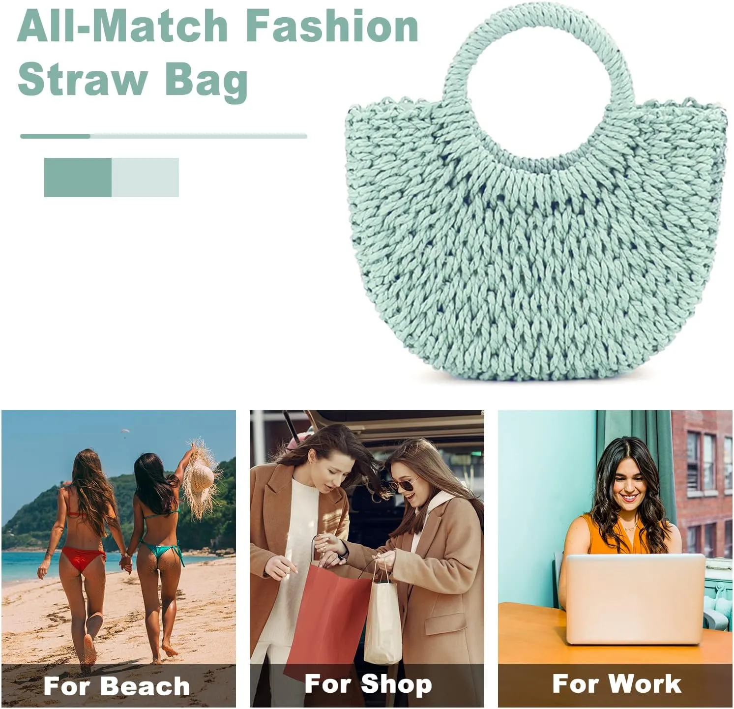 Mini Semi-circle Rattan Straw Bag, Hand-woven Women Summer Retro Beach Tote Shoulder Bag Crossbody Travel Beach Bag