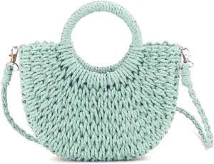 Mini Semi-circle Rattan Straw Bag, Hand-woven Women Summer Retro Beach Tote Shoulder Bag Crossbody Travel Beach Bag