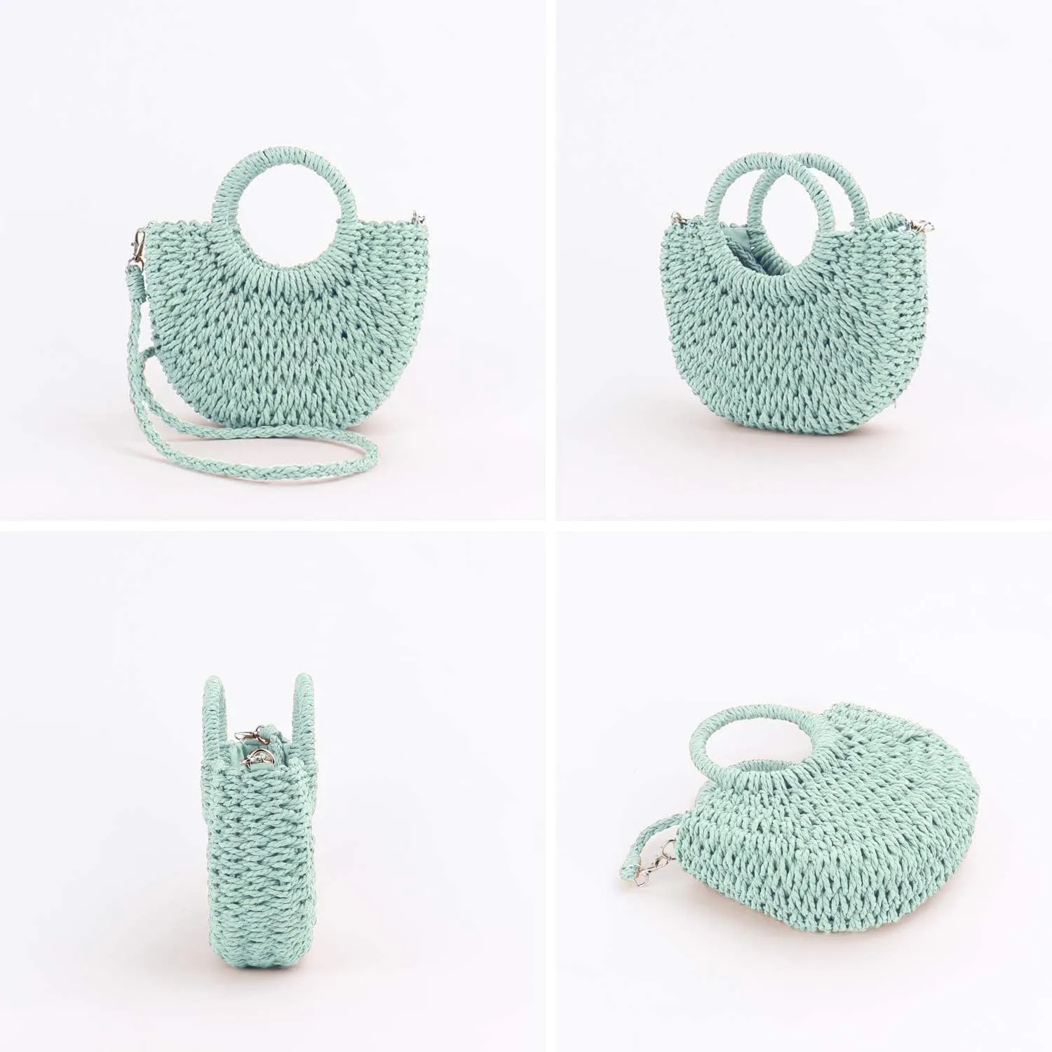 Mini Semi-circle Rattan Straw Bag, Hand-woven Women Summer Retro Beach Tote Shoulder Bag Crossbody Travel Beach Bag