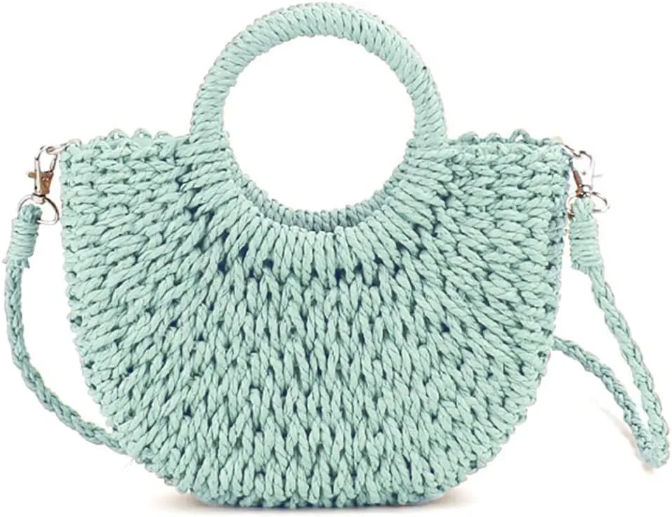 Mini Semi-circle Rattan Straw Bag, Hand-woven Women Summer Retro Beach Tote Shoulder Bag Crossbody Travel Beach Bag