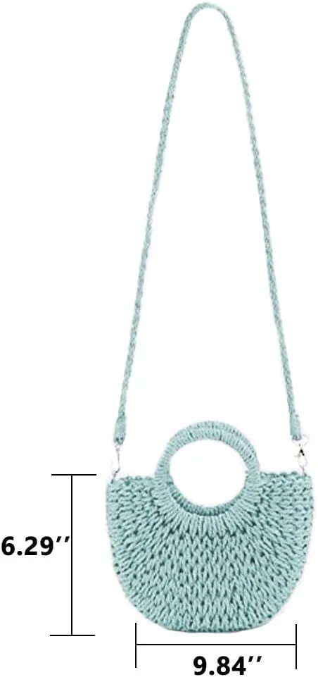 Mini Semi-circle Rattan Straw Bag, Hand-woven Women Summer Retro Beach Tote Shoulder Bag Crossbody Travel Beach Bag