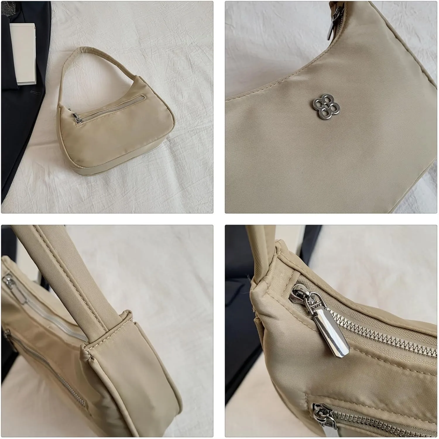 Mini Shoulder Bag for Women, Nylon Crescent Handbag Underarm Retro Hobo Clutch Classic Tote Purse with Zipper Closure