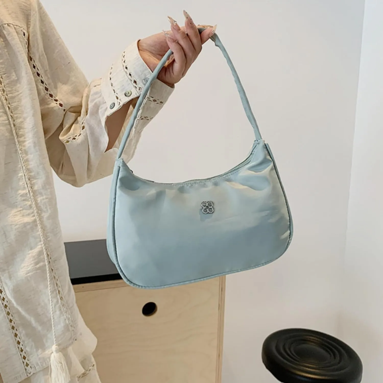 Mini Shoulder Bag for Women, Nylon Crescent Handbag Underarm Retro Hobo Clutch Classic Tote Purse with Zipper Closure