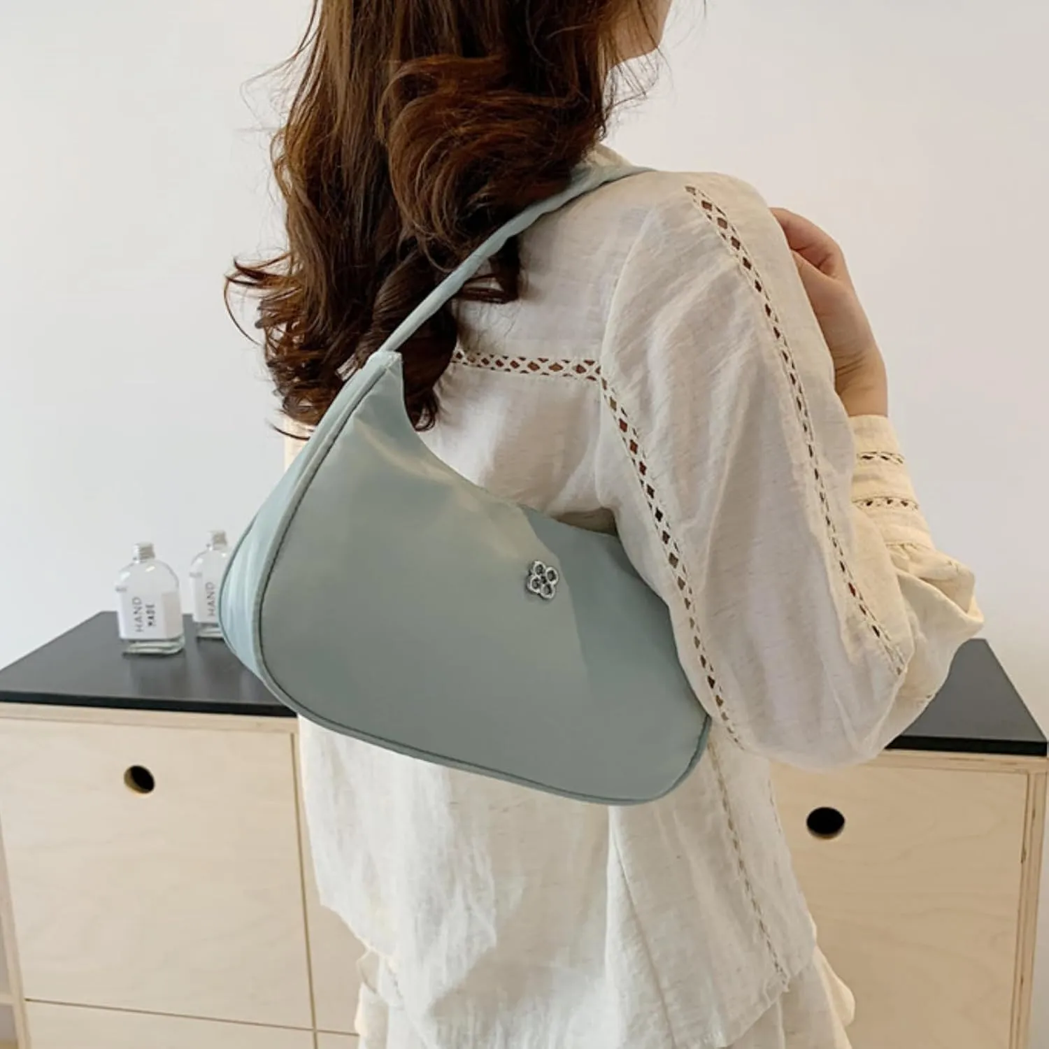 Mini Shoulder Bag for Women, Nylon Crescent Handbag Underarm Retro Hobo Clutch Classic Tote Purse with Zipper Closure